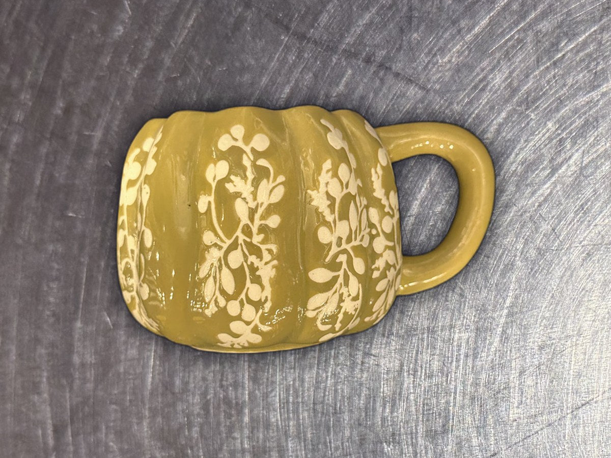 Anthropologie Ceramic Pumpkin Mug Green Floral