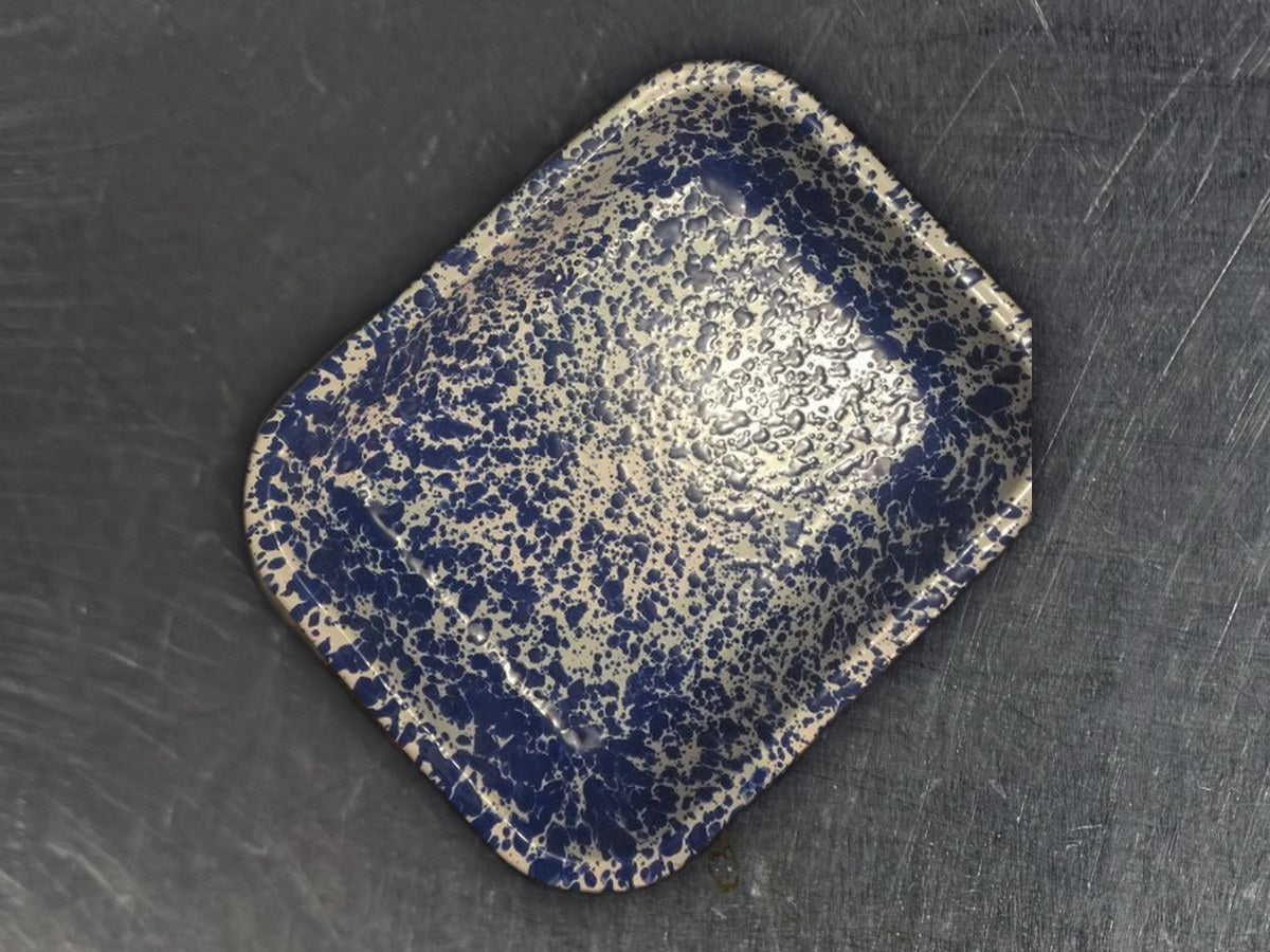 Blue and White Enameled Metal Tray