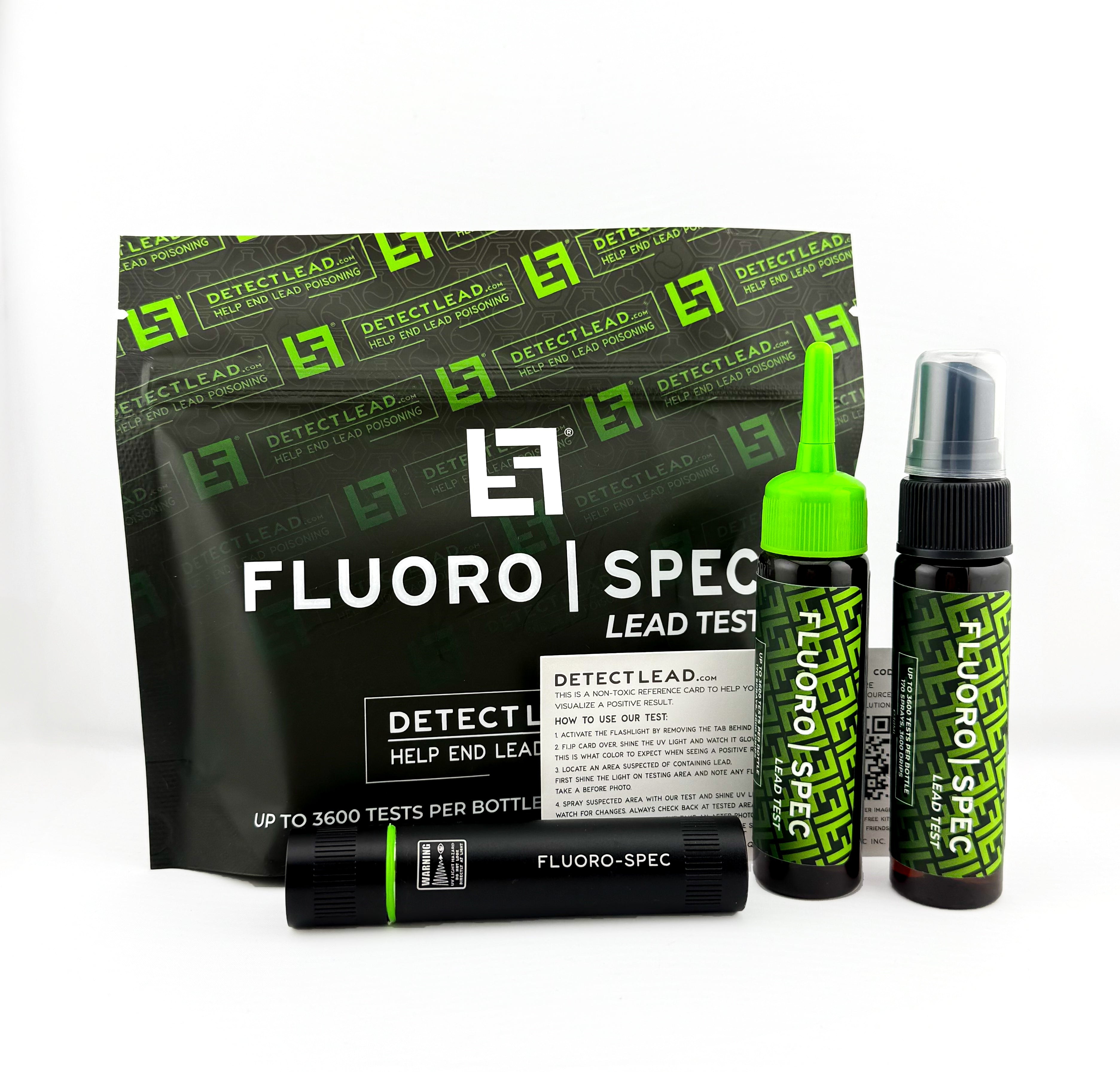 Full Fluoro-Spec Test Kit — pouch, drip bottle, spray bottle, UV flashlight, reference card